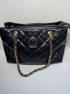 Metrocity Italy Black Quilted Leather Tote Bag - Gold Chain Accents